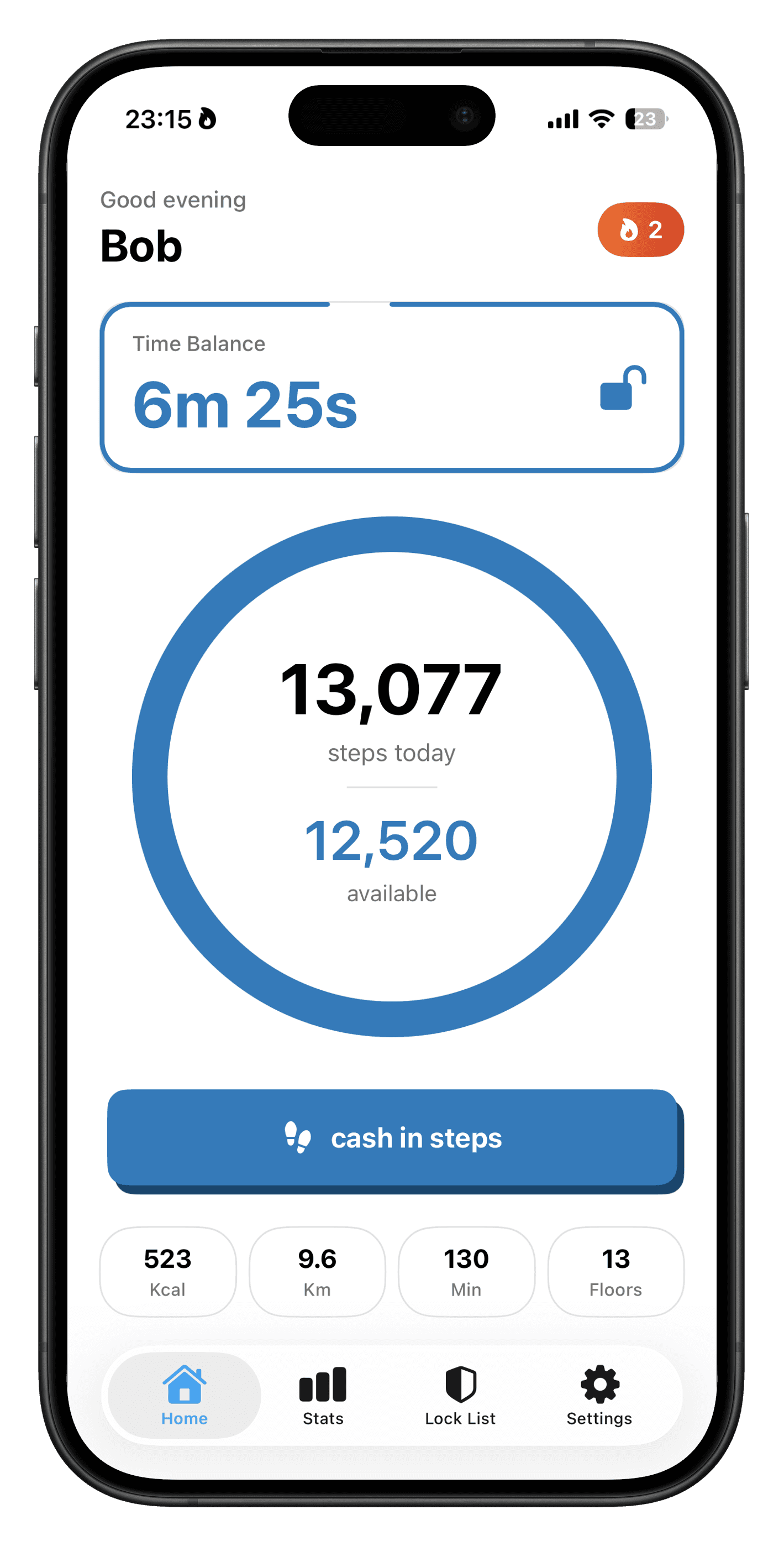 StepScroll home screen with step count and time balance.