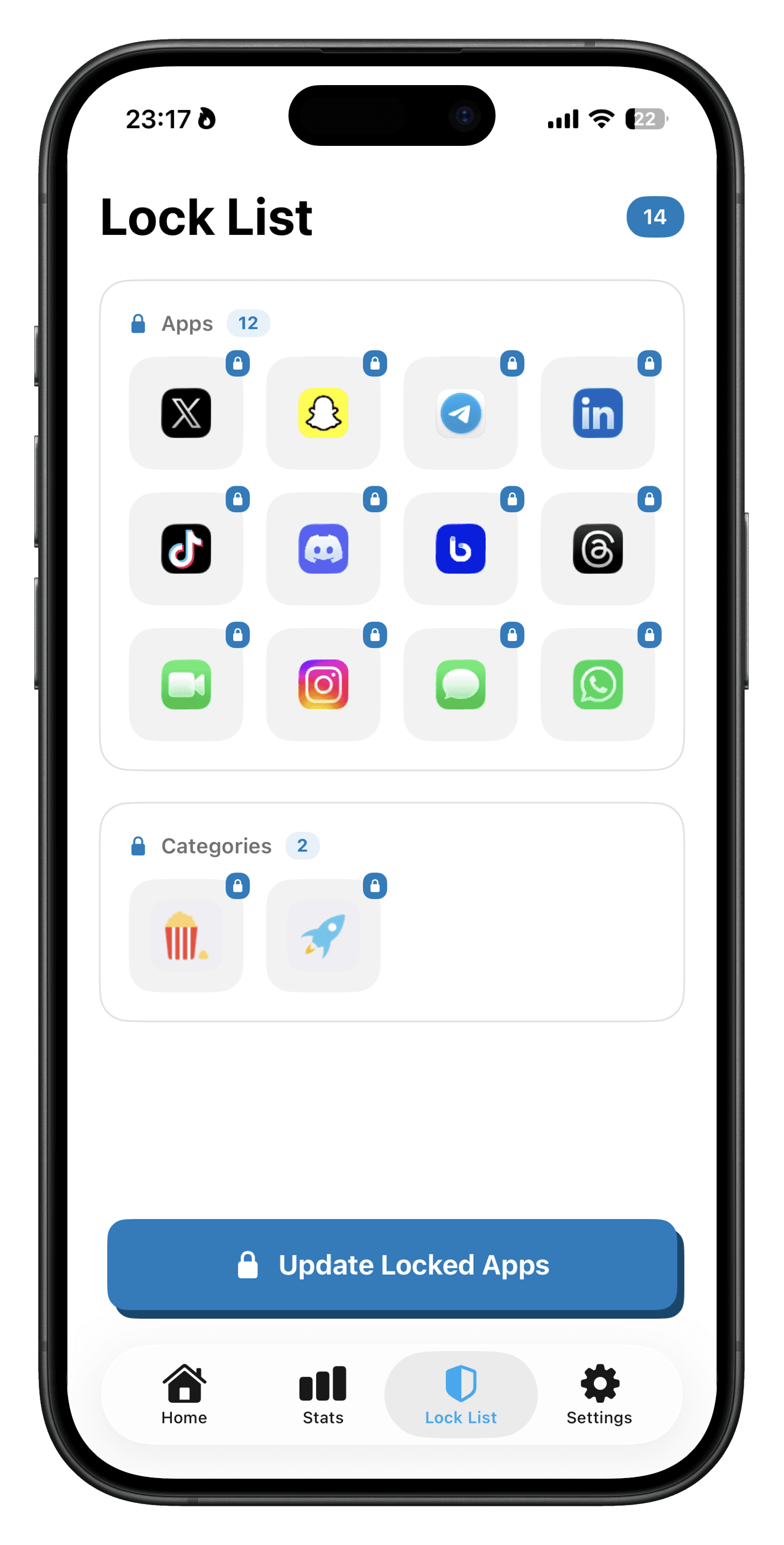 Lock List screen in StepScroll, showing apps you can lock until you walk.